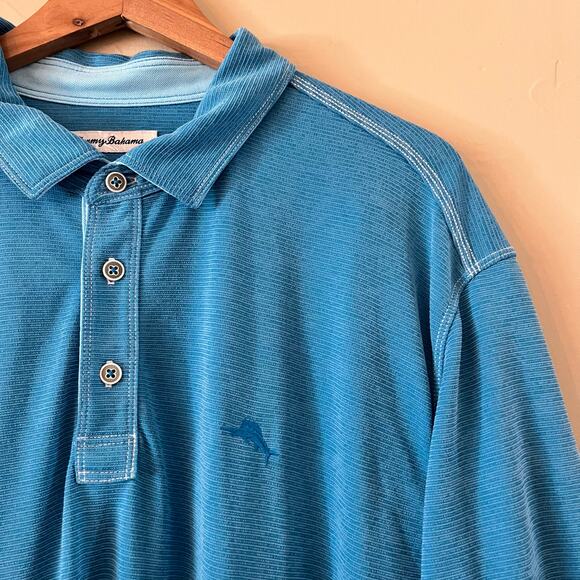 Tommy Bahama Men's Teal Light Striped Golf Polo EUC | Size XLT (Tall) - Picture 1 of 5